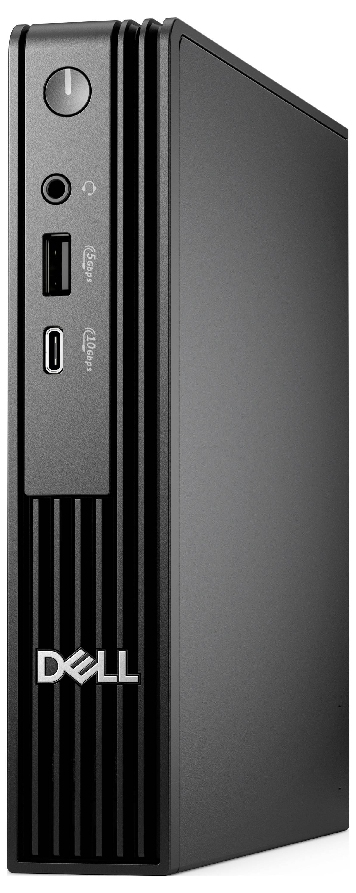 Stolní počítač Dell s přední stranou vybavenou USB porty, audio jackem a vypínačem. Věž má elegantní černý design s logem Dell.