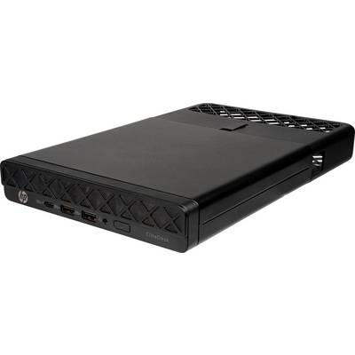Miniaturní stolní počítač 'HP EliteDesk' v elegantním černém designu. Přední panel zobrazuje USB porty a tlačítko napájení. Kompaktní forma vhodná do stísněných prostor.