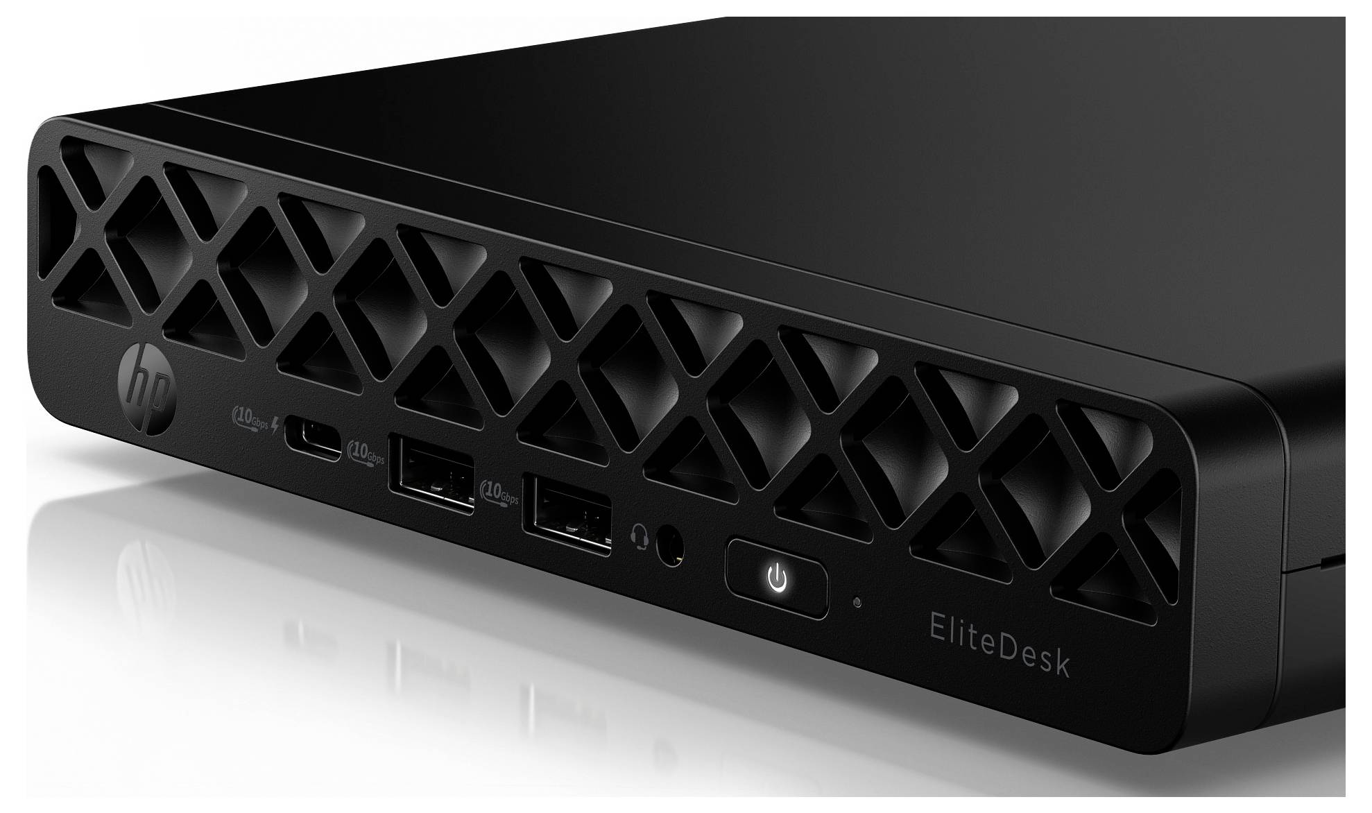 Elegantní černý mini stolní počítač HP EliteDesk, který zobrazuje přední panel s několika USB porty, tlačítkem napájení a malým logem.