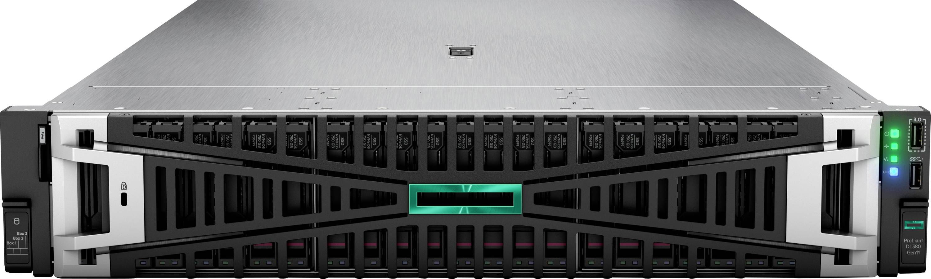 Rackmountovaný server s několika pozicemi pro disky a LED indikátory na čelním panelu, vhodný pro úlohy správy a zpracování dat.