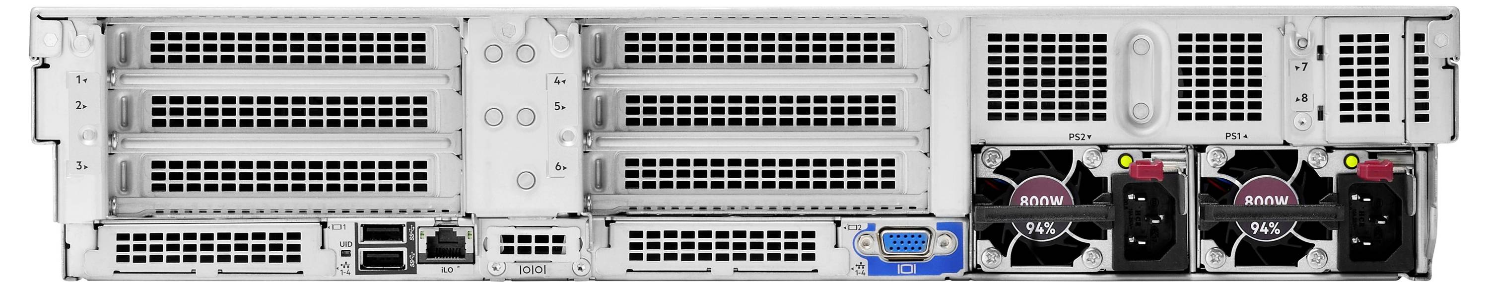 Zadní pohled na server zobrazující několik rozšiřujících slotů, napájecí zdroje s chladicími ventilátory, USB porty, síťové LAN porty a VGA port.