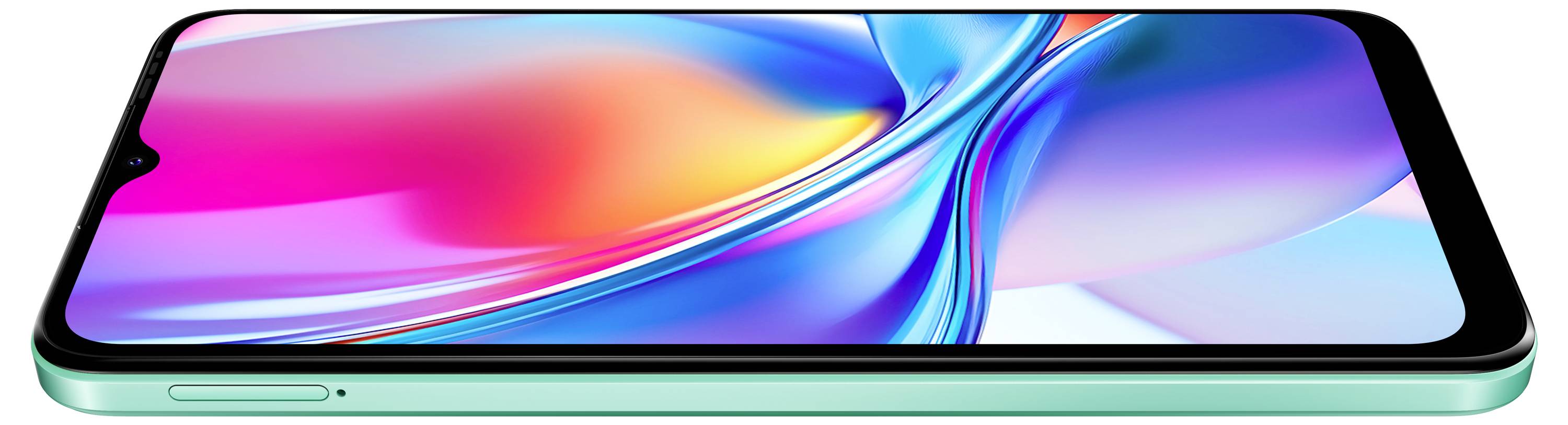 Moderní smartphone ležící na ploše s živým, abstraktním, vícebarevným displejem. Telefon má elegantní zelený rámeček a minimalistický design.