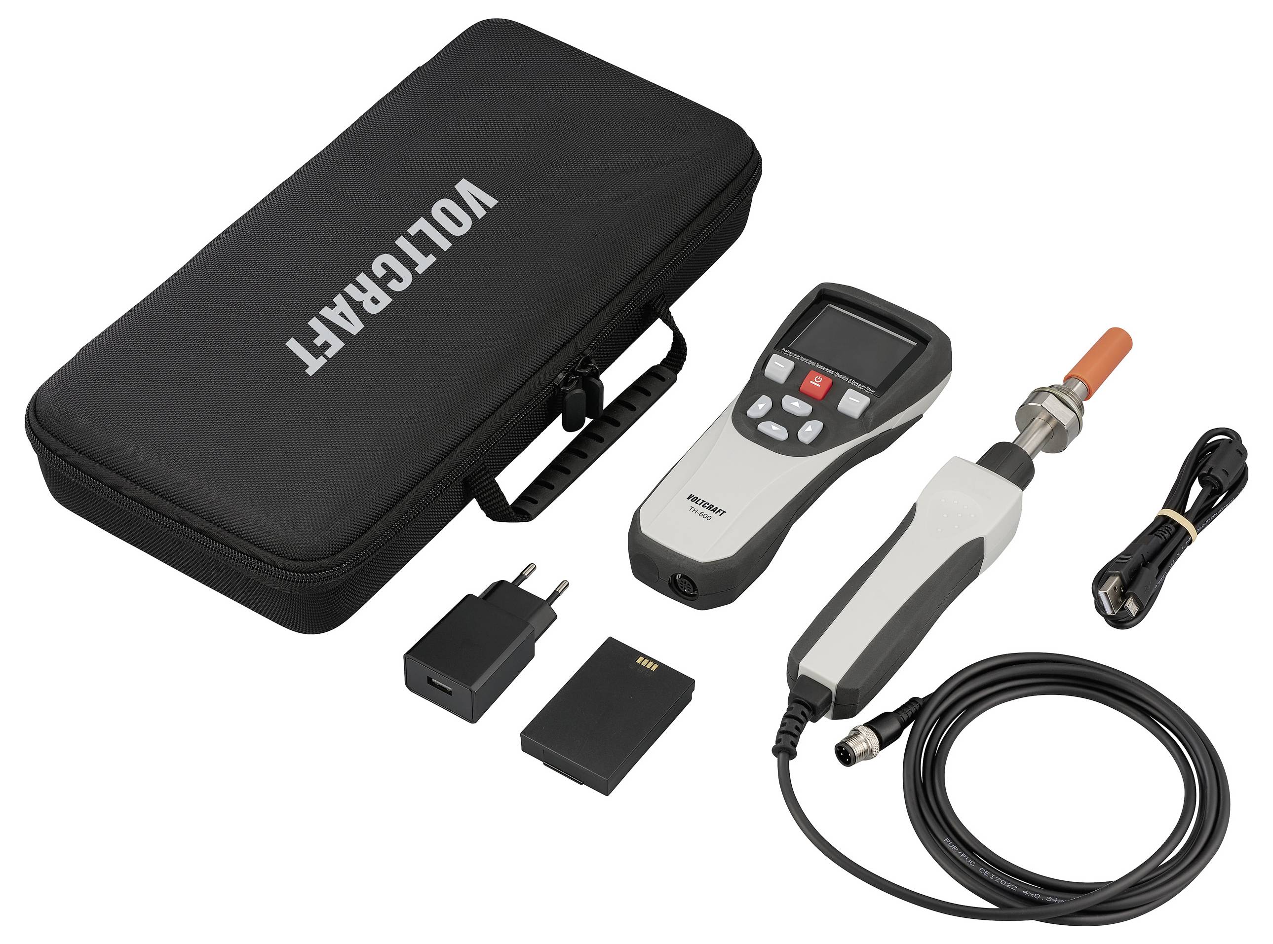 Sada digitálního měřiče kroutivého momentu s přepravním pouzdrem, přístrojem, adaptéry, propojovacím kabelem, bateriou a nabíječkou, značená VOLTCRAFT.