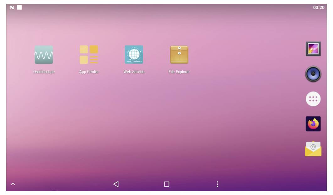 Tablet s obrazovkou zobrazující růžové pozadí se čtyřmi ikonami aplikací označenými „DataWrapper", „App Center", „Web Service" a „File Explorer".