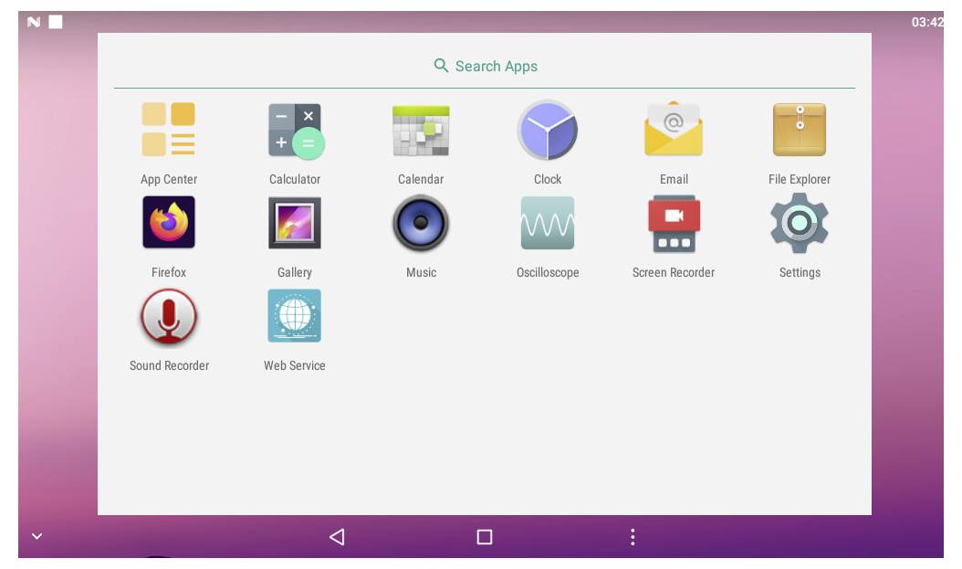 Obrazovka 'Centra aplikací' zobrazující různé ikony aplikací včetně Kalkulačky, Kalendáře, Hodin, E-mailu, Firefoxu a Nastavení na tabletu.