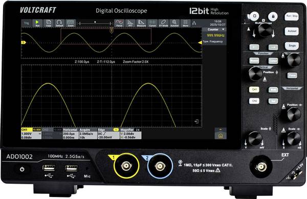 VOLTCRAFT ADO-1002 digitální osciloskop 100 MHz, 2.5 GSa/s, 250 Mpts, 12 Bit, s pamětí (DSO), 1 ks, VC-17257150