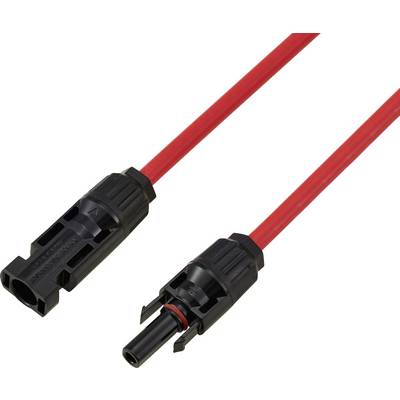 Červený elektrický kabel s černými konektory na obou koncích, používaný pro solární elektrické instalace.
