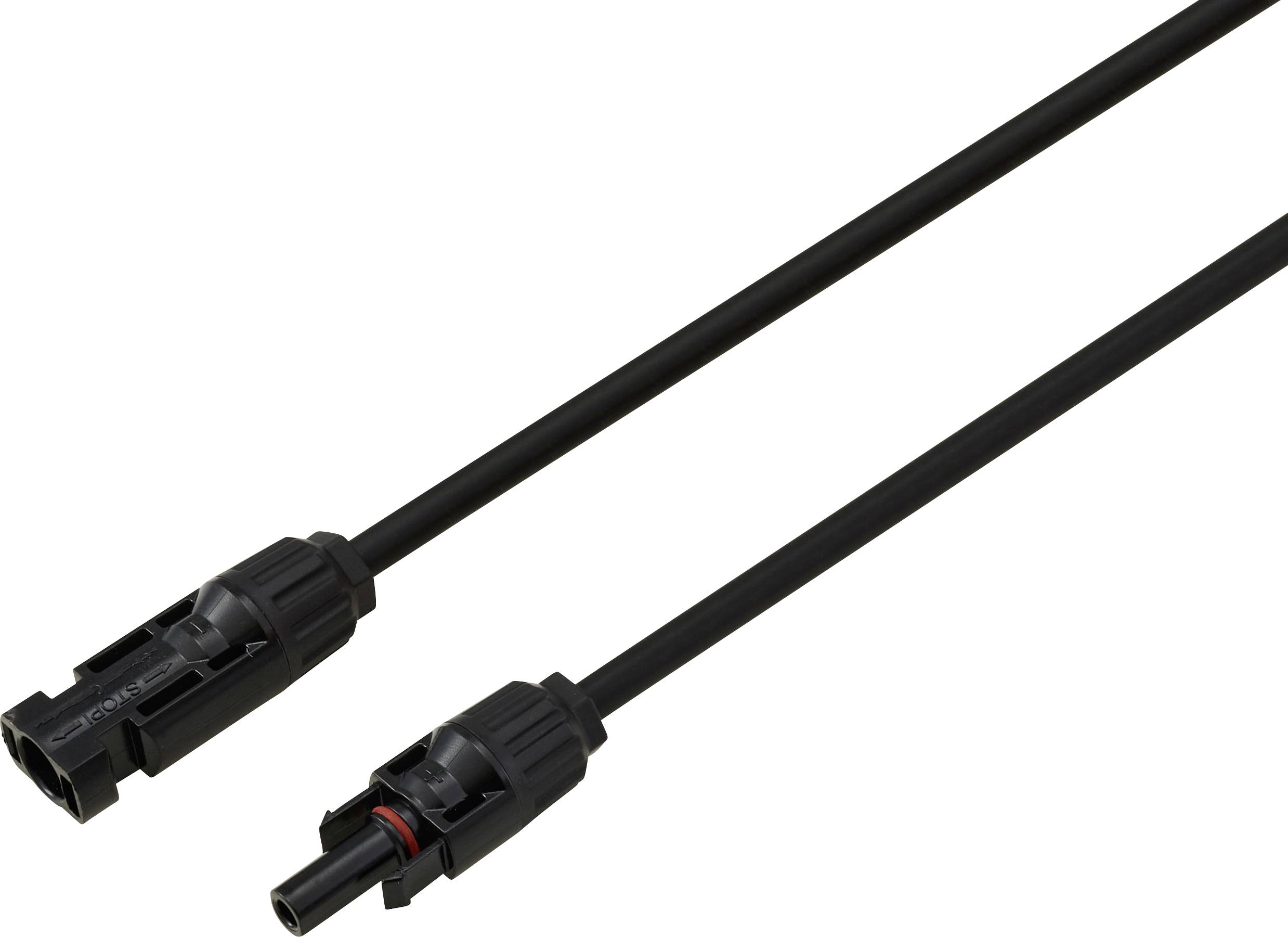 Černý elektrický kabel se dvěma konektory na obou koncích, zobrazující standardní zástrčku a zásuvku pro připojení elektronických zařízení.