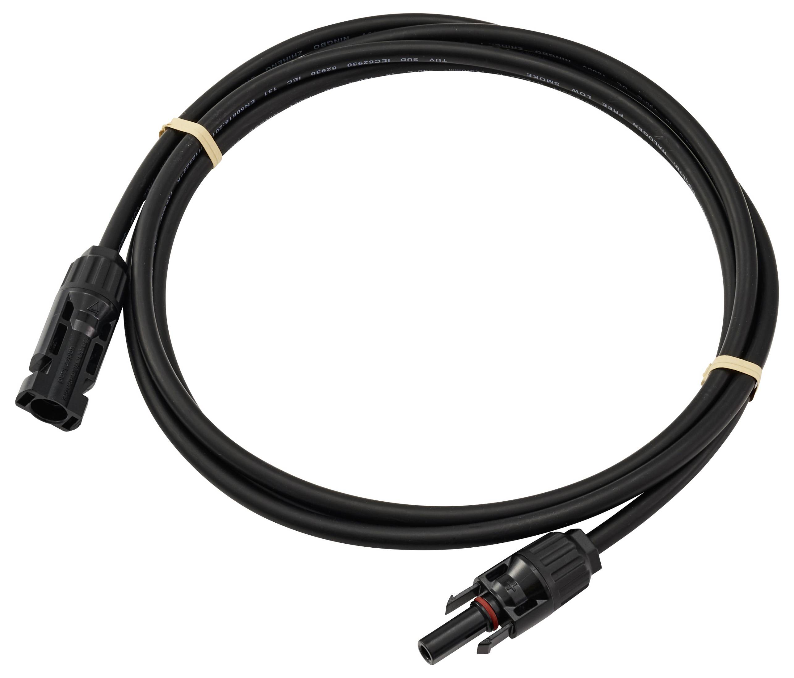 Černý prodlužovací solární kabel s konektory MC4 na obou koncích, smotaný a zajištěný dvěma béžovými pásky, používaný pro solární instalace.