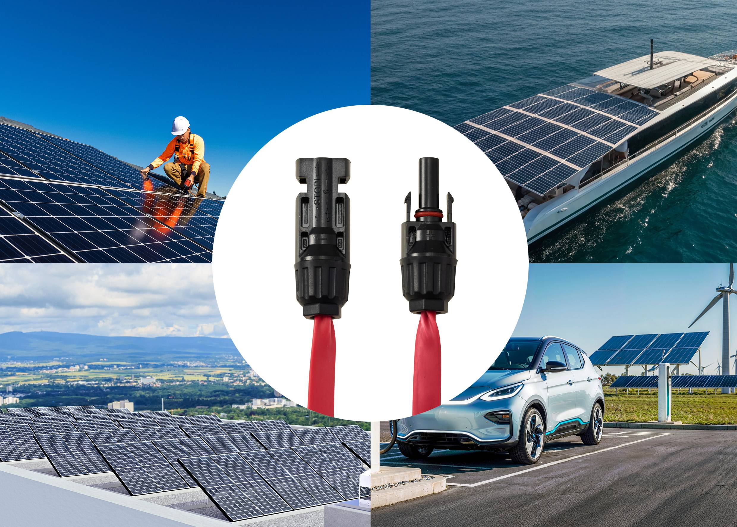 Různé scény využití solární energie: osoba na solárních panelech, solární loď, solární farma a auto poblíž solárních panelů.