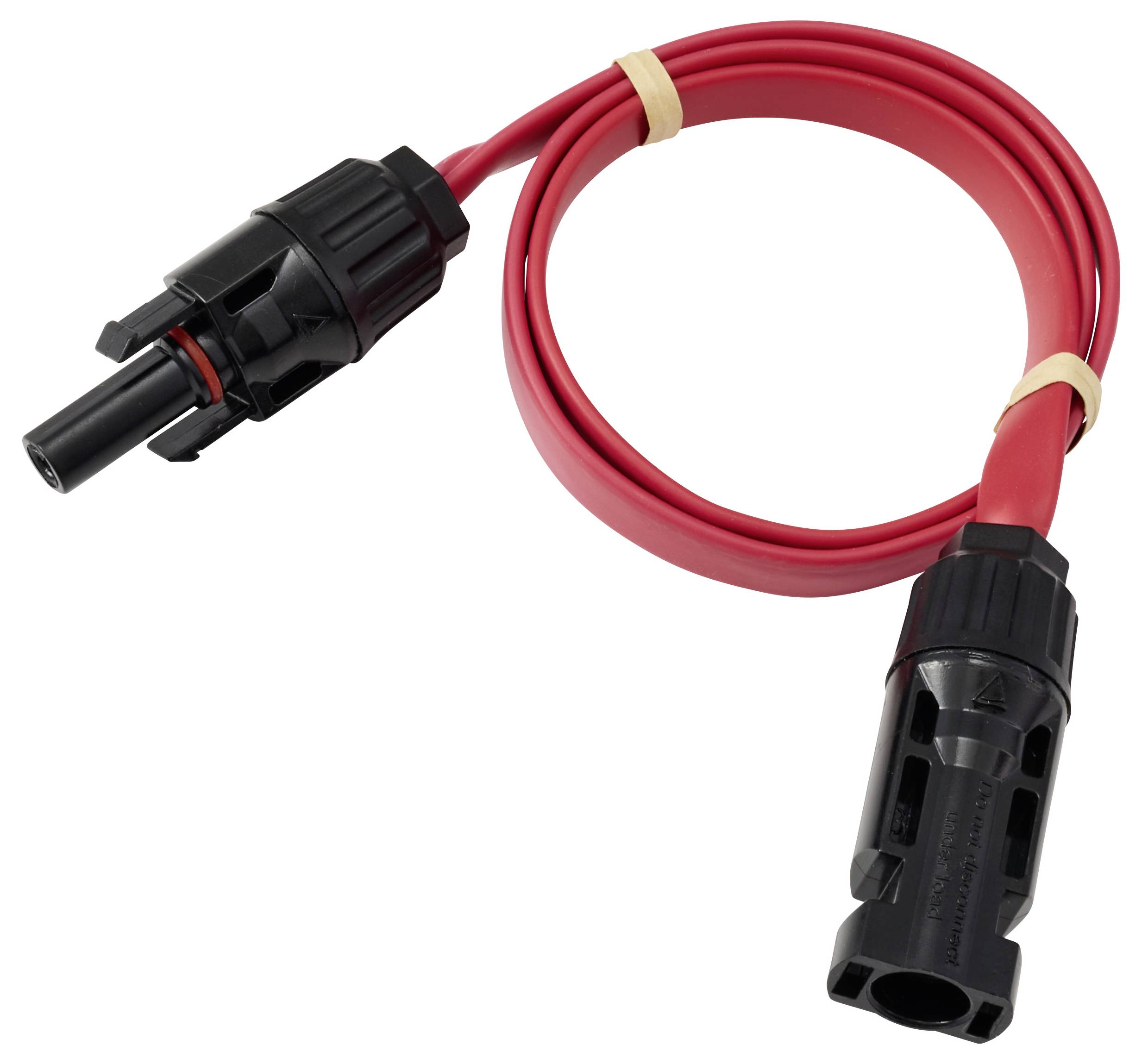 Červený a černý elektrický propojovací kabel s černými samčími a samičími konektory, svinutý do klubíčka a stažený gumovou páskou.