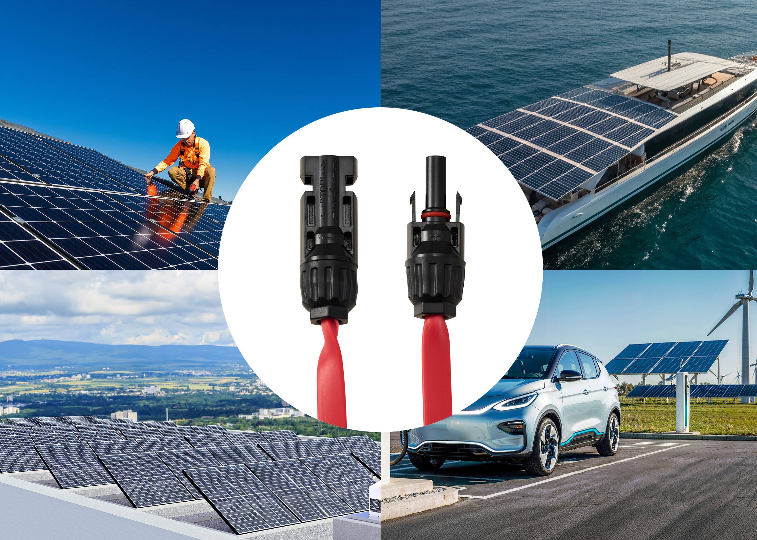 Koláž zobrazující aplikace solárních panelů: pracovník na panelech, solární loď, panely na střeše a elektromobil při nabíjení. Ústřední zaměření na solární konektory.