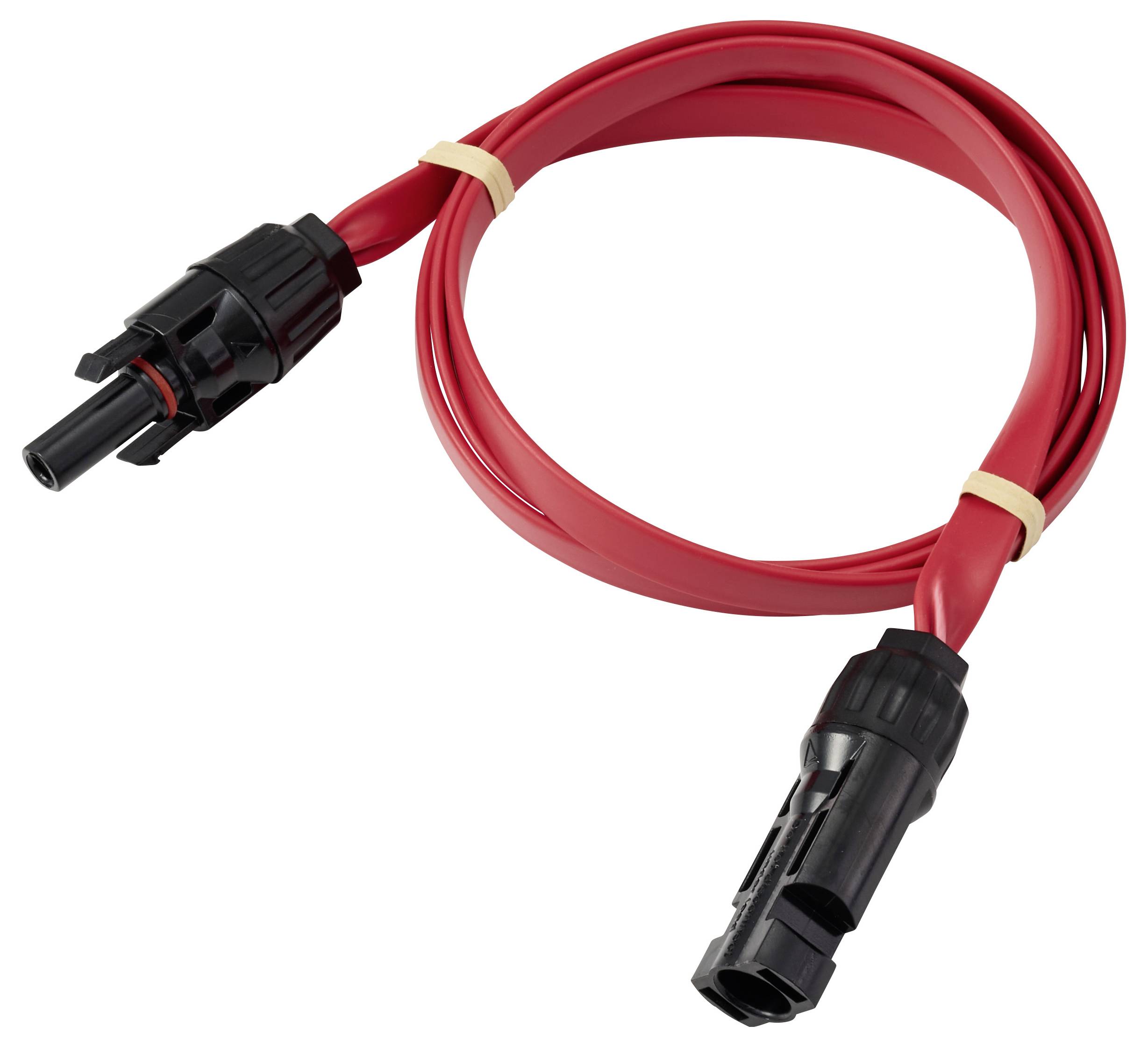Červený elektrický kabel s konektory na obou koncích, smotaný a svázaný dvěma pásky, používaný pro propojení komponentů v elektrickém napájecím systému.