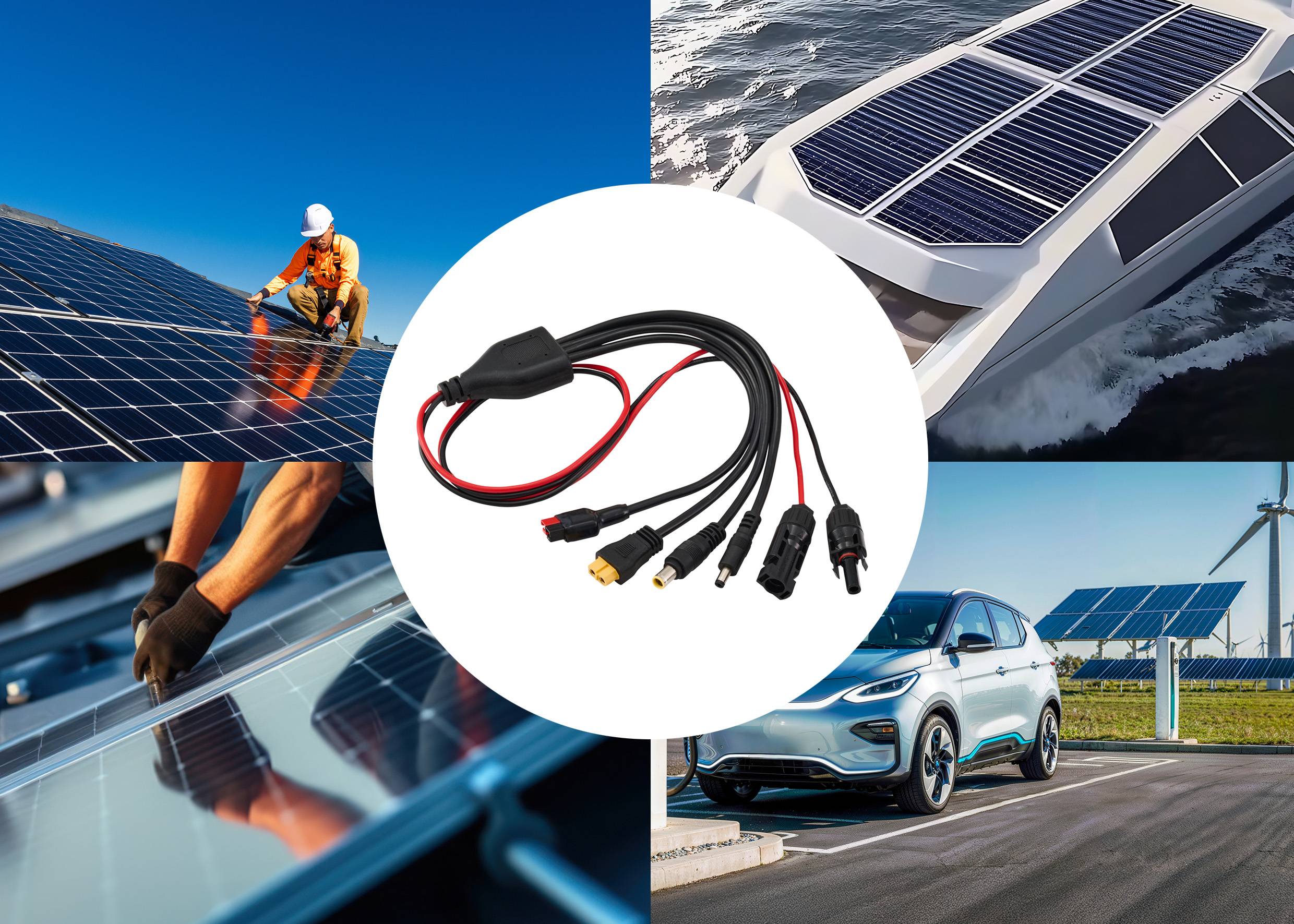 Koláž solární technologie: pracovník instaluje panely, solární loď na vodě, elektrické auto nabíjené u panelů, centrální kabelové konektory.