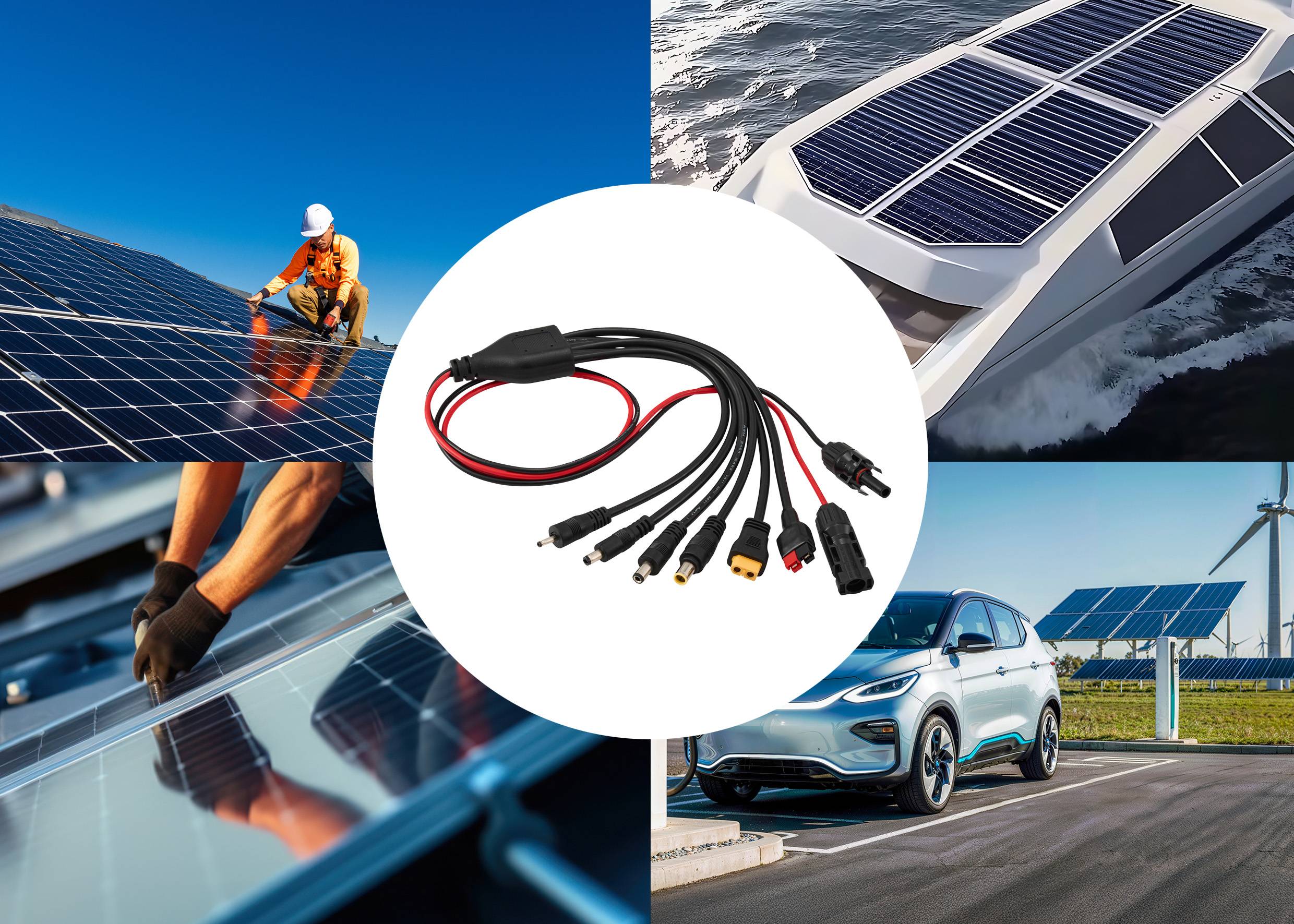Solární panely v různých aplikacích: instalace na střeše, loď se solární střechou, dobíjecí stanice pro elektromobily na solární pohon, solární konektory.