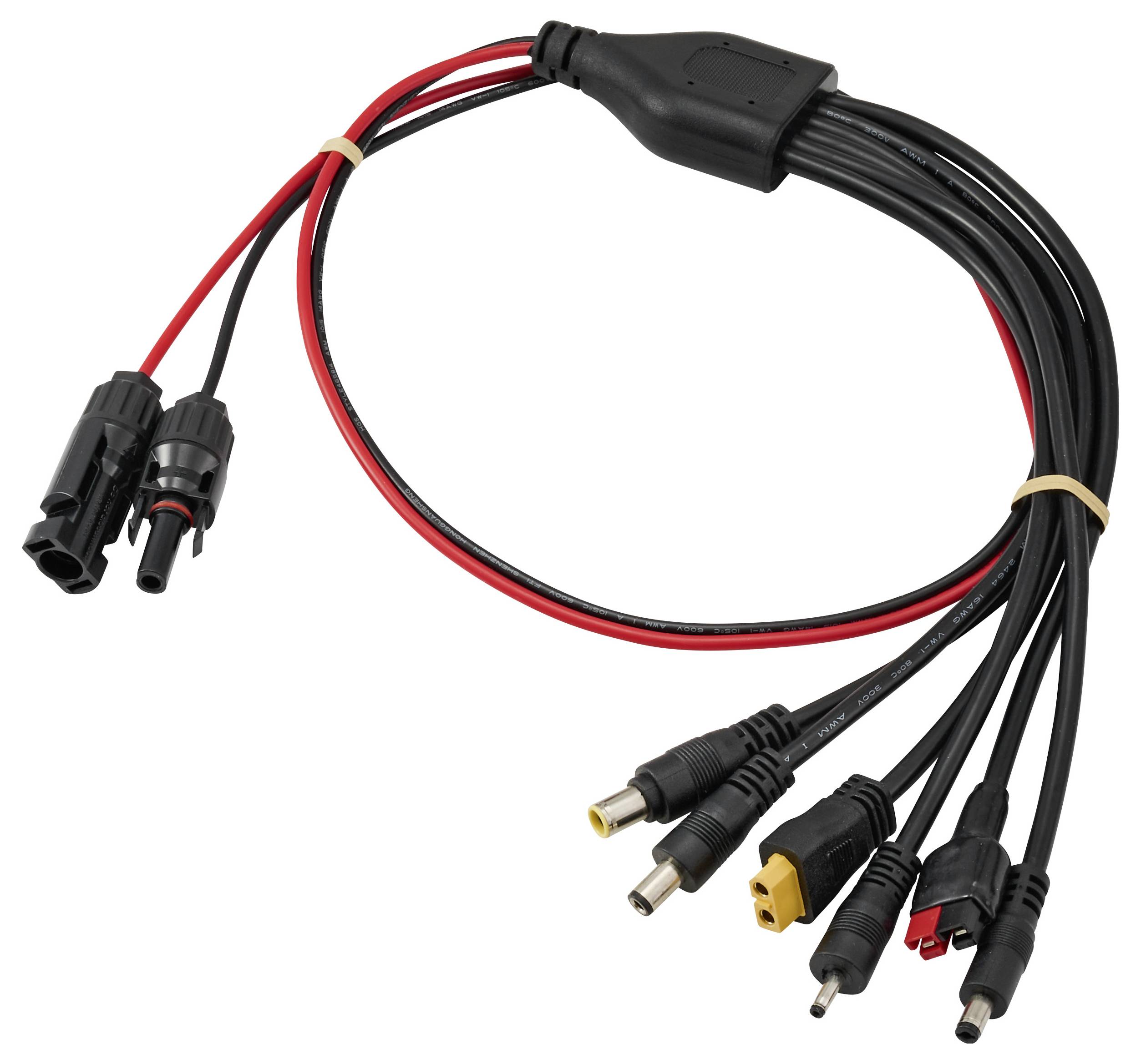 'Multifunkční adaptérový kabel s sedmi různými typy zástrček, včetně jack a klipových konektorů, dodávaný s dvěma gumovými pásky.'