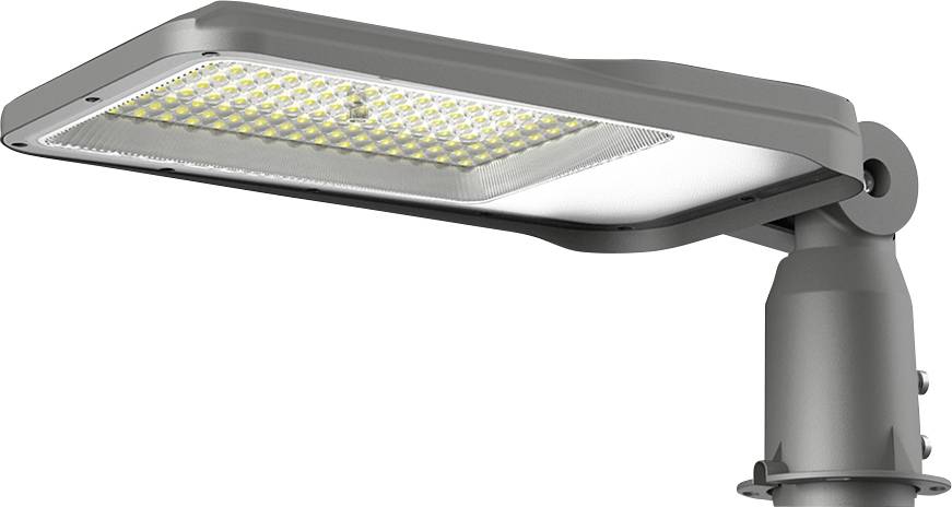 Šedé pouliční LED osvětlení disponuje polem jasně žlutých diod pod obdélníkovým krytem, které je navrženo pro efektivní venkovní osvětlení.