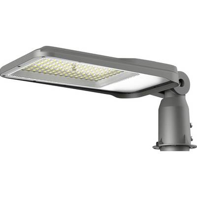 Detailní pohled na moderní LED pouliční lampu s obdélníkovým plochým panelem LED žárovek, upevněné na kovovém rameni.