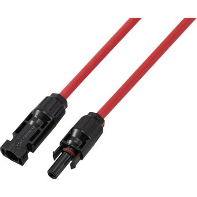 Dva červené elektrické vodiče s černými konektory na koncích, používané pro propojení solárních panelů nebo jiných elektronických zařízení.