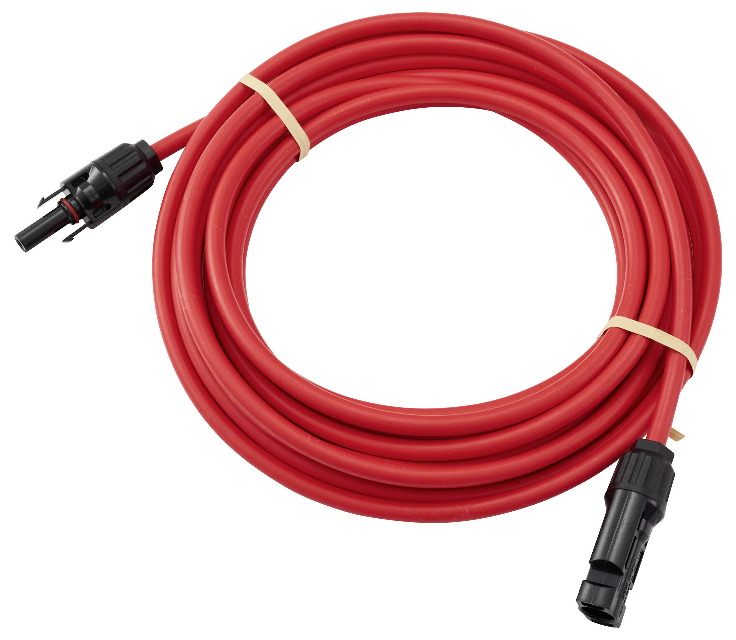 Červený elektrický kabel stočený do spirály s černými konektory na obou koncích, zajištěný dvěma béžovými gumovými pásky.