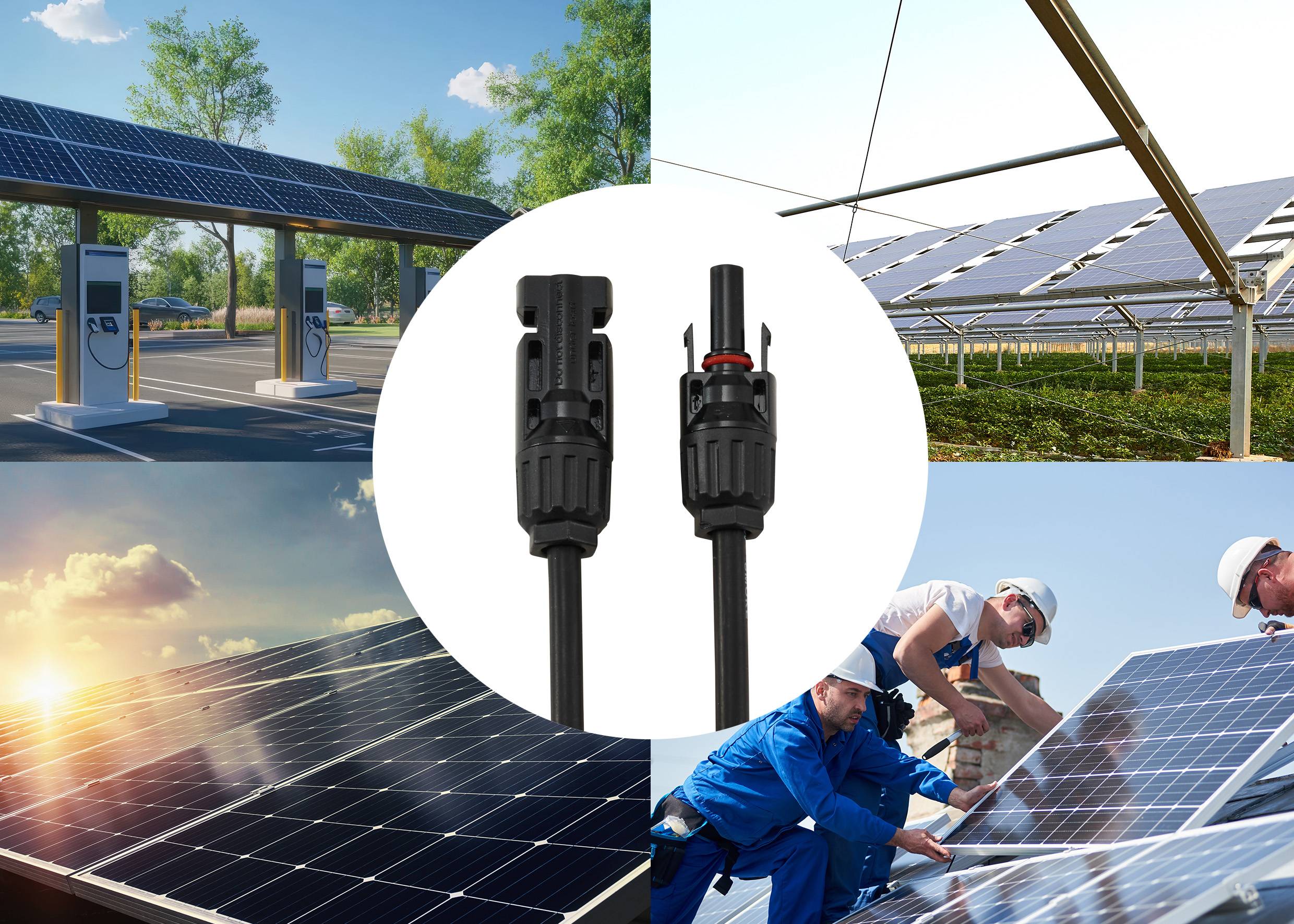 Koláž solárních panelů: dobíjecí stanice pro elektromobily, panely na polích, detail konektorů, pracovníci instalující panely.
