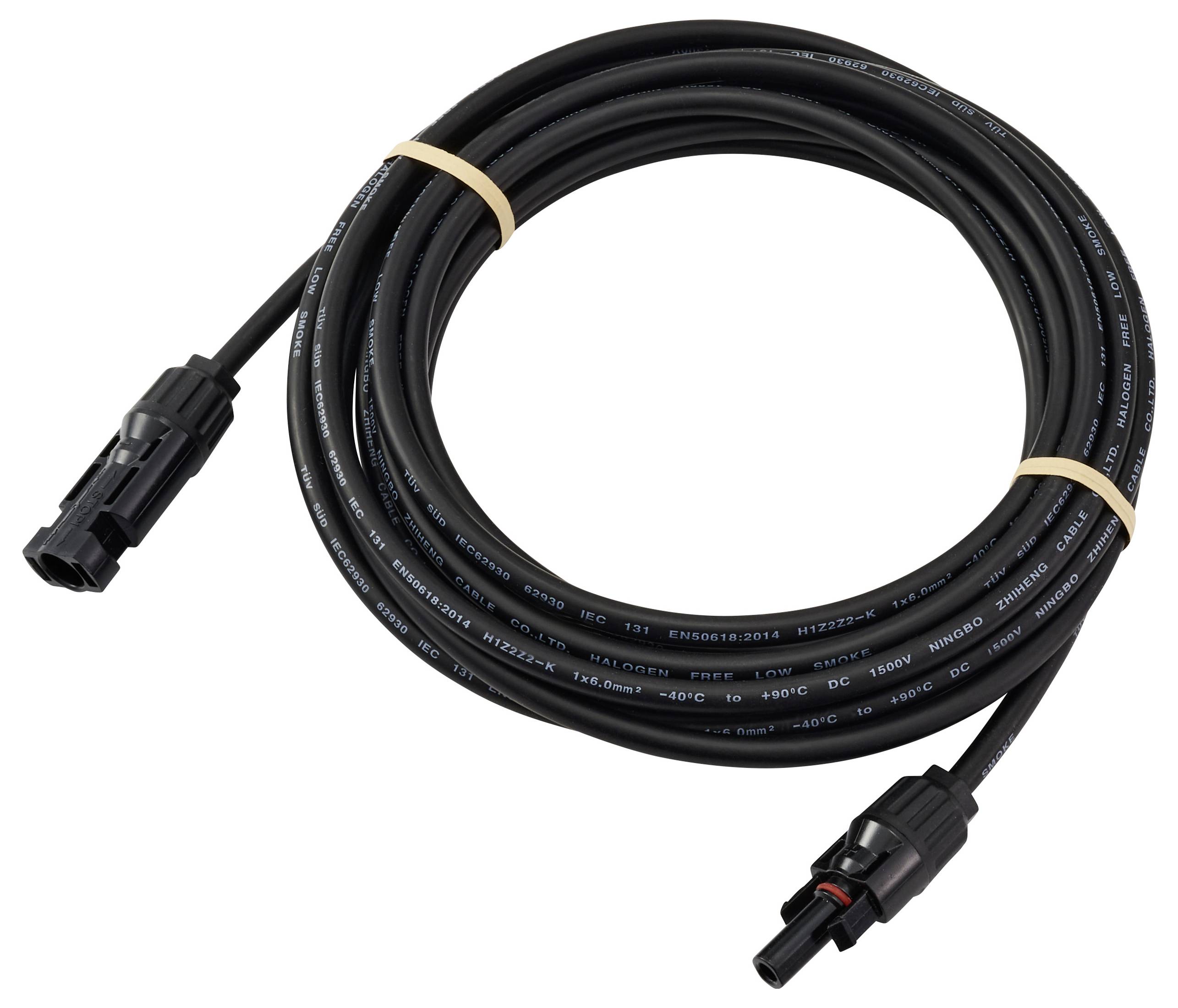 Černý vinutý kabel s konektory na obou koncích, zajištěný gumovými pásky, pravděpodobně určený pro elektrické nebo elektronické použití.