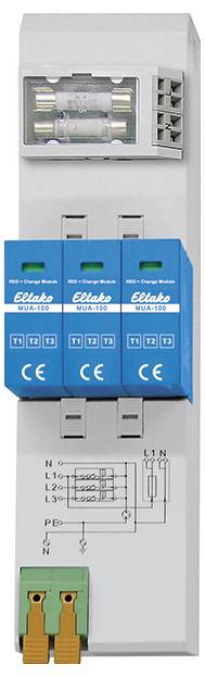 Šedý a modrý elektrorozvaděč s ochranou proti přepětí se třemi moduly, označený štítkem 'Eluko MZ5100', určený k ochraně elektrických obvodů před napěťovými výkyvy.