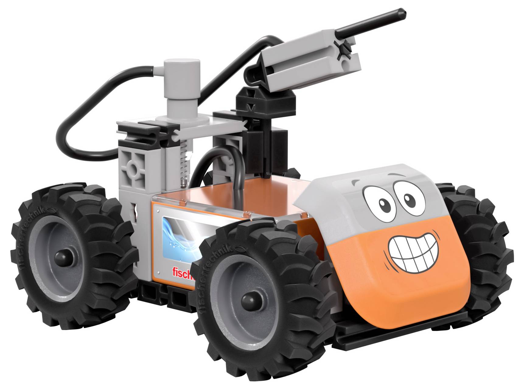 Malý, hračkovitý robot se čtyřmi velkými koly, oranžovo-šedým tělem a úsměvem na přední části.