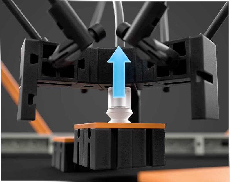 3D tiskárna tryska s mechanickými rameny sestavující nebo rozmontovávající komponentu se šipkou směřující nahoru označující pohyb nebo nastavení.