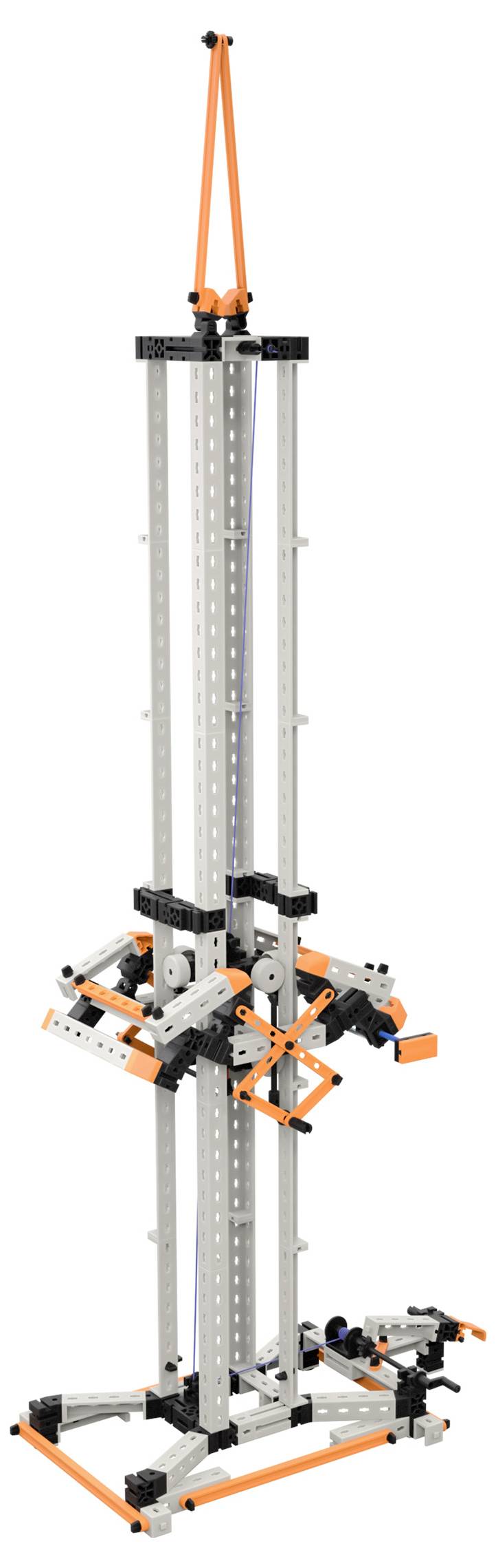 Vysoká šedá a oranžová robotická konstrukce s vertikálními nosníky a nastavitelnými komponenty, připomínající složitý mechanický jeřáb nebo věž.