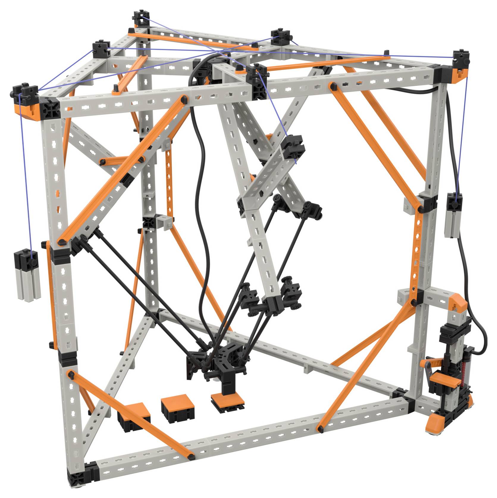 Složitá struktura 3D tiskárny vyrobená z kovových a plastových dílů, s oranžovými akcenty a propojenými tyčemi, znázorňující mechanické sestavení.