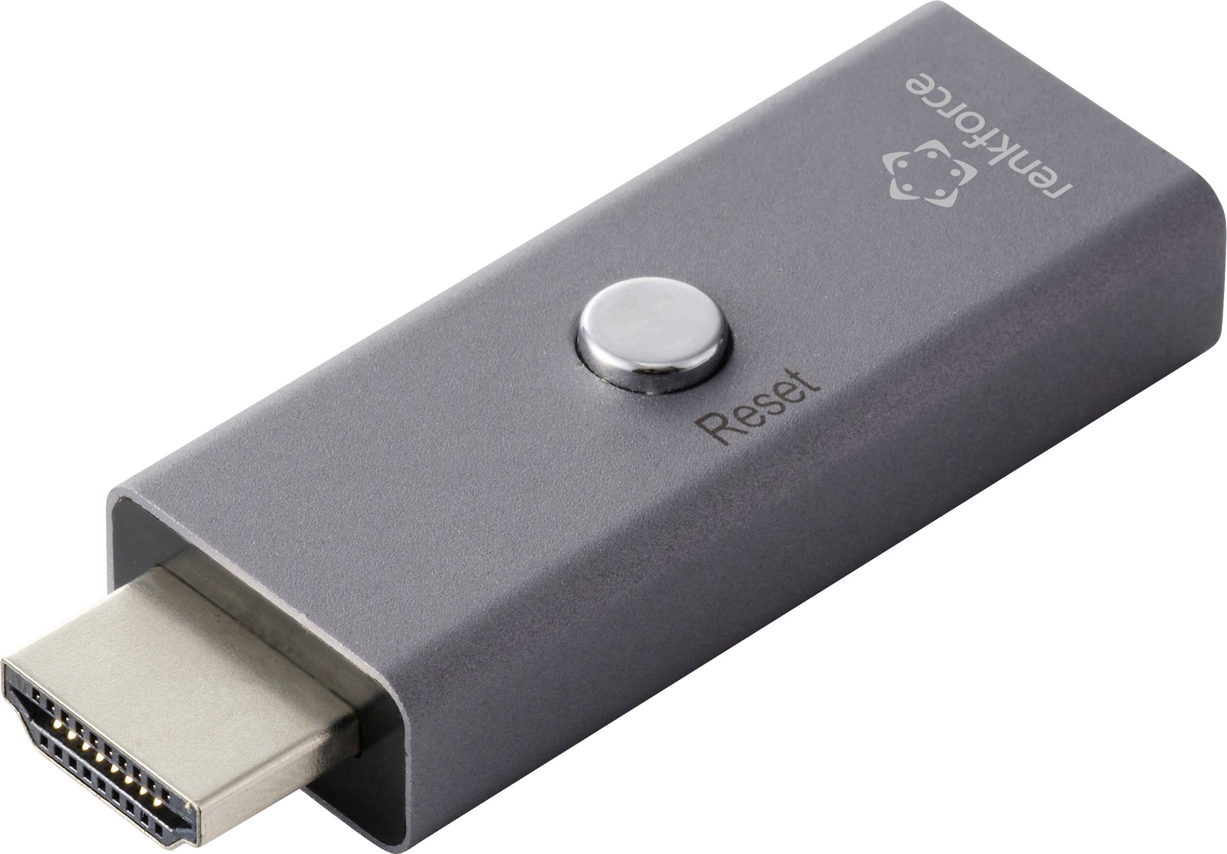Šedý HDMI streamovací přístroj s tlačítkem 'Reset' a textem 'ferrkorce' na něm.