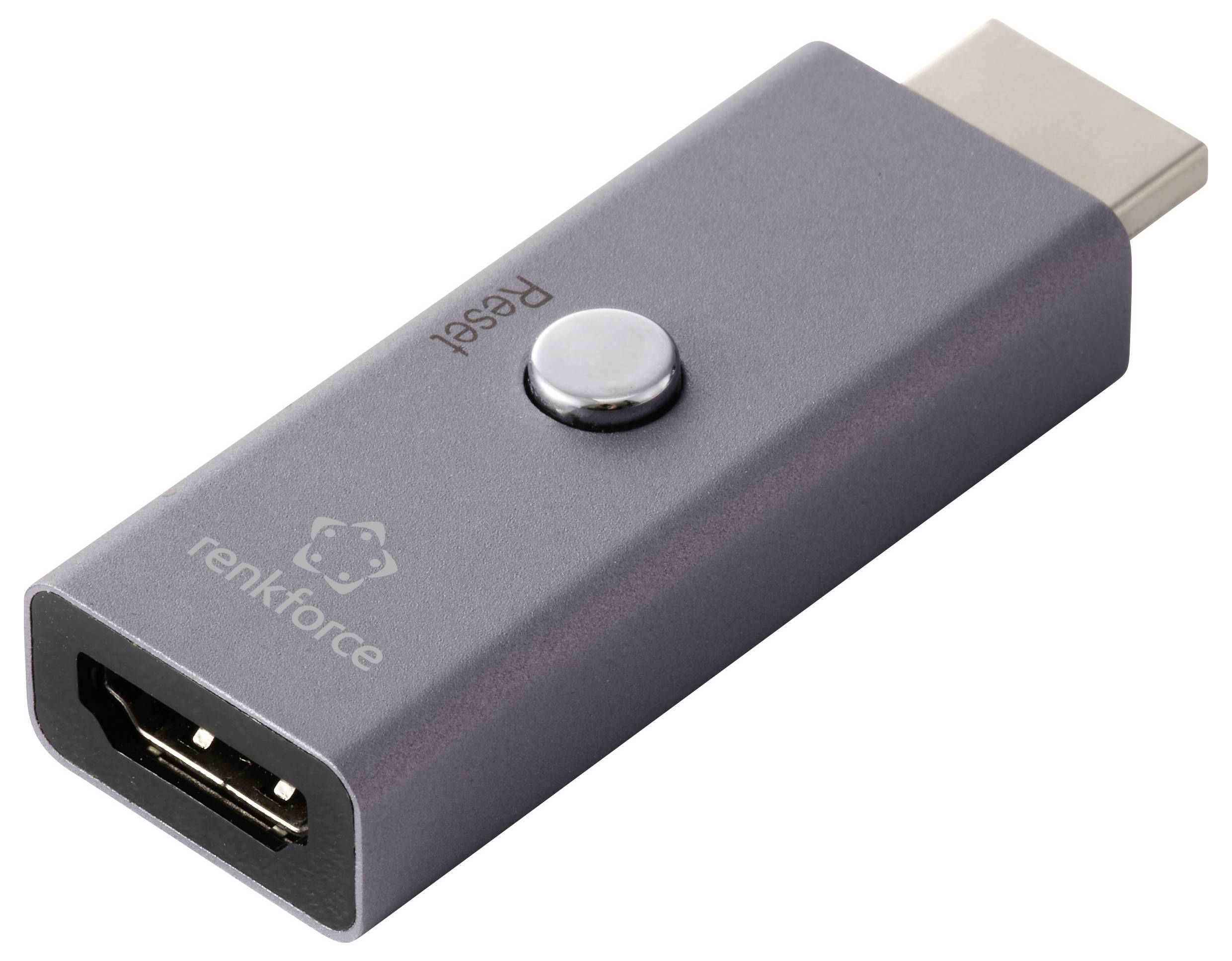 Kovový HDMI konektor s tlačítkem 'reset' uprostřed, označený značkou 'renkforce'.