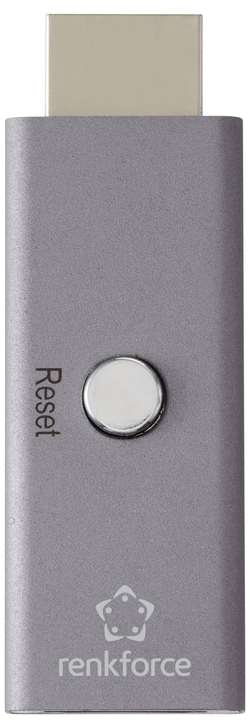 Šedý USB flash disk Renkforce s tlačítkem 'Reset' po straně.