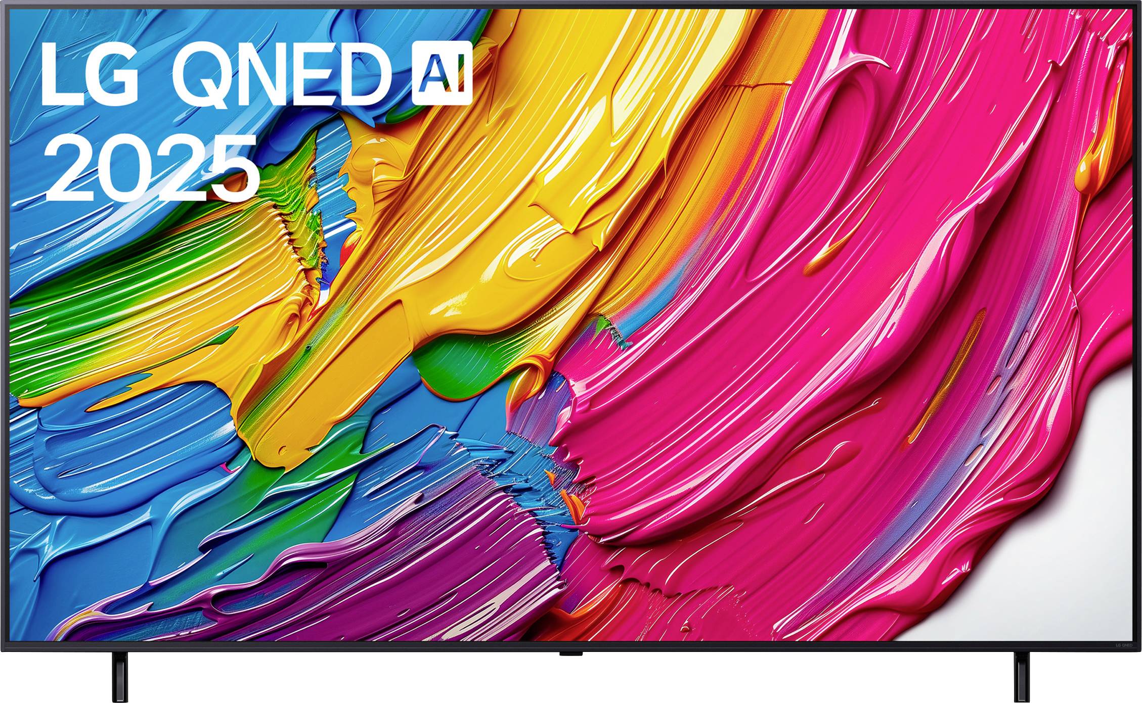 'LG QNED AI 2025' televizor s živým vírem barev na obrazovce, předvádějící pokročilou technologii vizuálního zobrazení.
