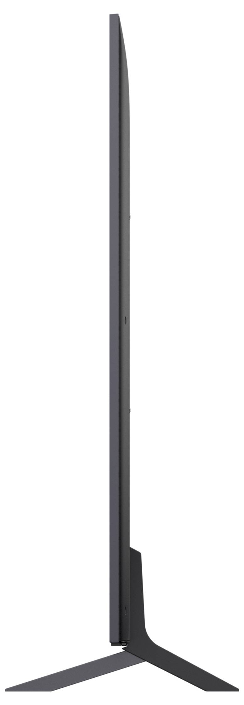 Boční pohled na moderní, ultratenkou plochobrazovkovou televizi umístěnou na stojanu, zdůrazňující její štíhlý profil a minimalistický design.