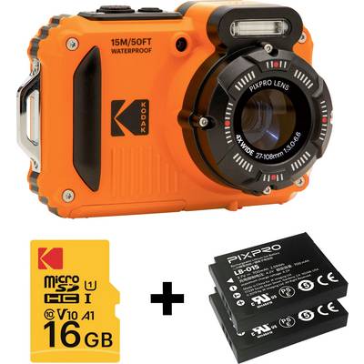 Oranžový vodotěsný digitální fotoaparát s objektivem, dodávaný se 16GB microSD kartou a dodatečnými bateriemi, vhodný pro podvodní fotografování.