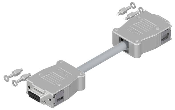 Šedý sériový kabel DB9 s konektory na obou koncích, včetně šroubů a krytů pro zajištění spojení.
