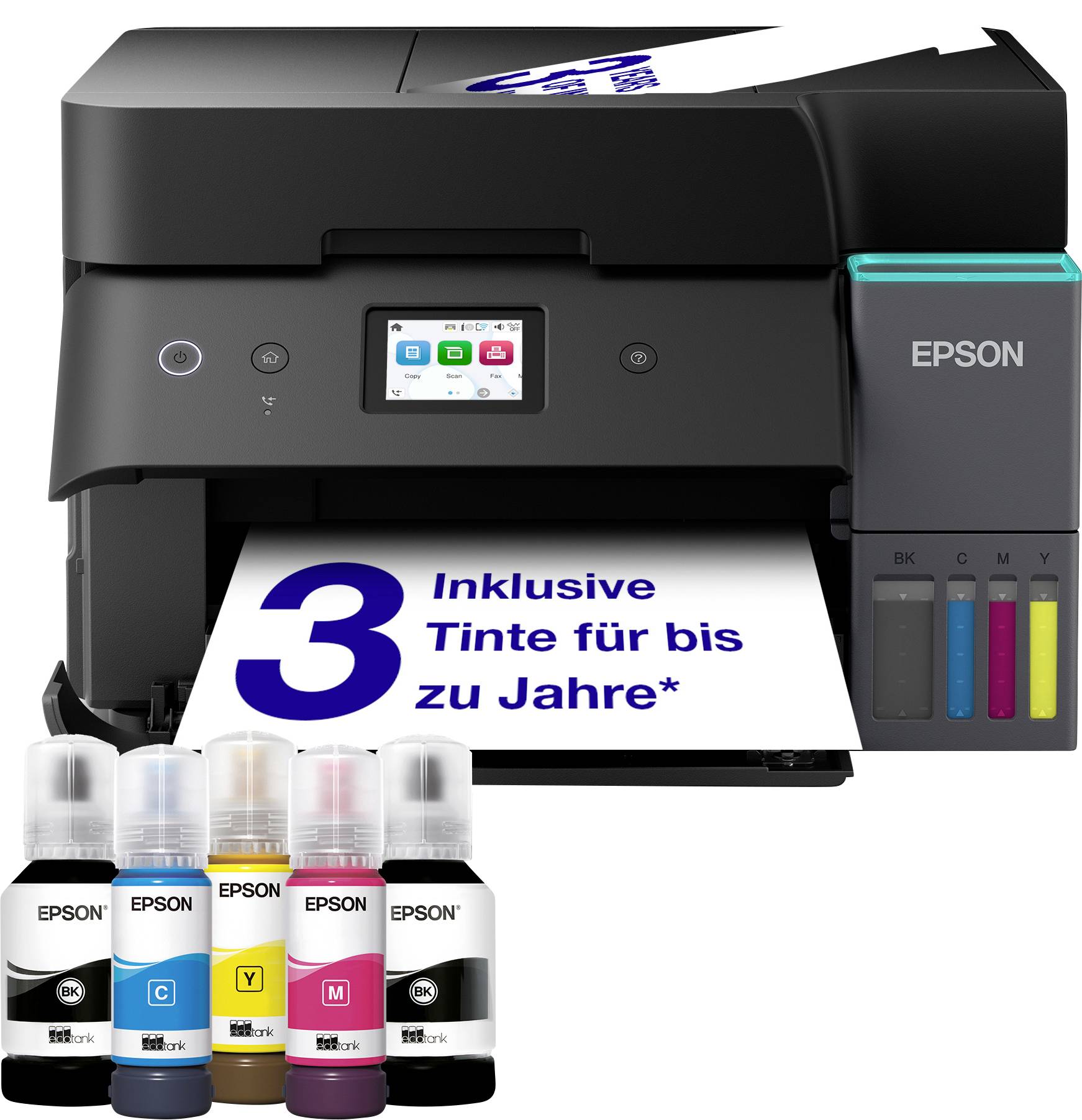 Černá tiskárna Epson s displejem tiskne list označený '3 Včetně inkoustu až do let*'. Pod ním jsou zobrazeny čtyři inkoustové lahvičky.