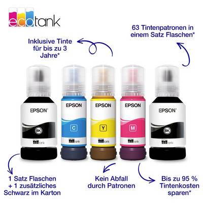 Inkoustové lahve 'EcoTank' v černé, azurové, purpurové, žluté a černé barvě s textem zdůrazňujícím úsporu inkoustu, žádný odpad z cartridgí a dlouhotrvající zásobu až po dobu tří let.