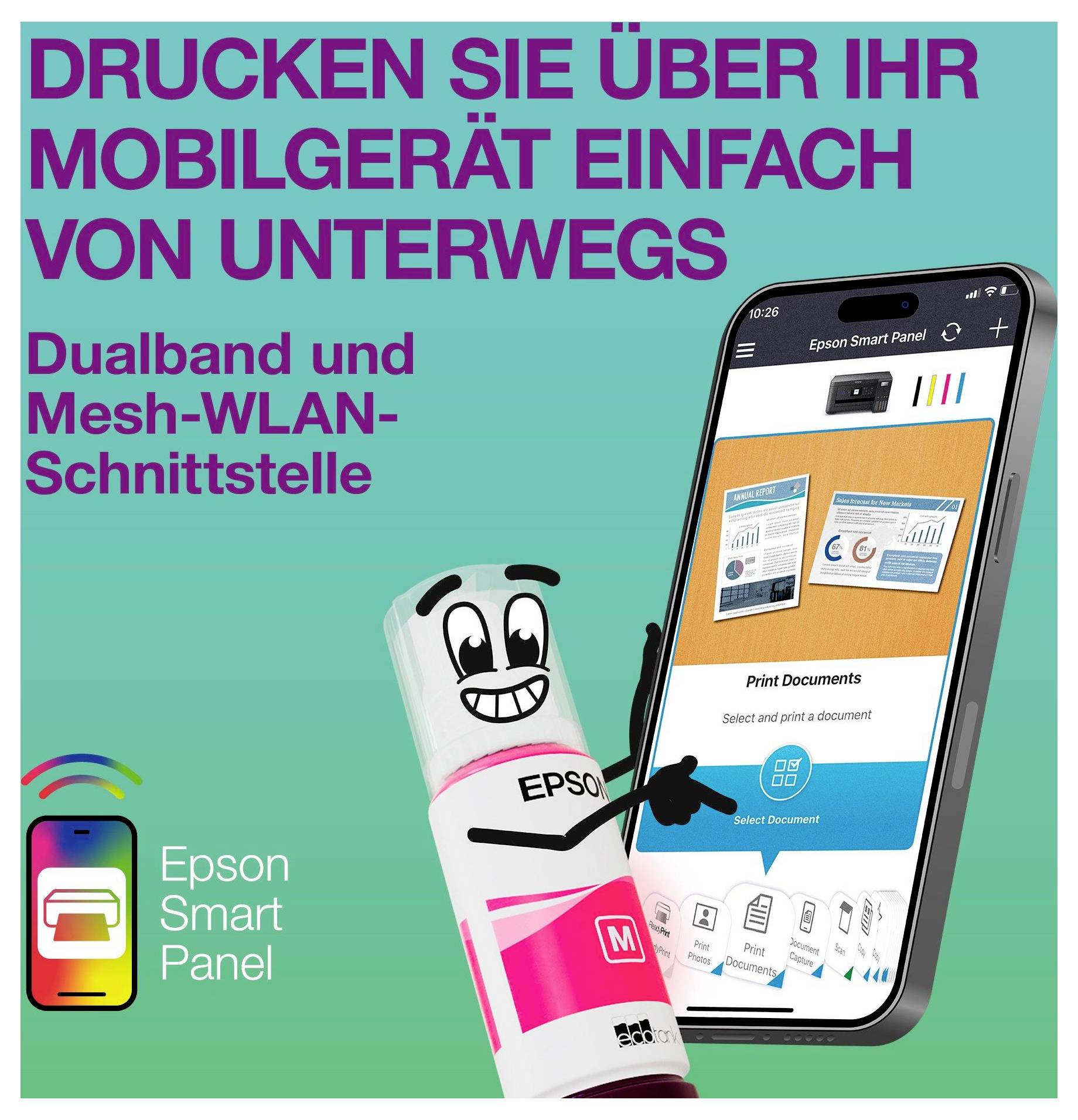 Mobilní tisk zjednodušený díky aplikaci Epson Smart Panel. Připojení přes duální pásmo, síťový Wi-Fi. Obrázek ukazuje rozhraní aplikace a barevného maskota.