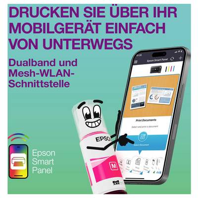 Mobilní tisk zjednodušený díky aplikaci Epson Smart Panel. Připojení přes duální pásmo, síťový Wi-Fi. Obrázek ukazuje rozhraní aplikace a barevného maskota.