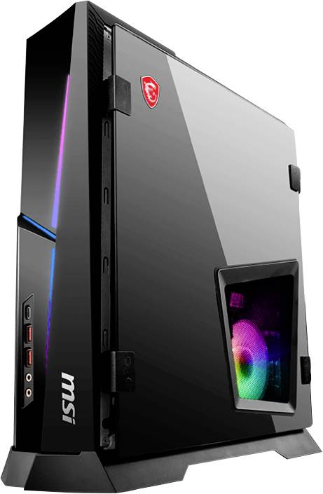 Elegantní černý herní počítač MSI s bočním RGB ventilátorem a předními porty, navržený pro vysoce výkonné hraní her a multimediální využití.