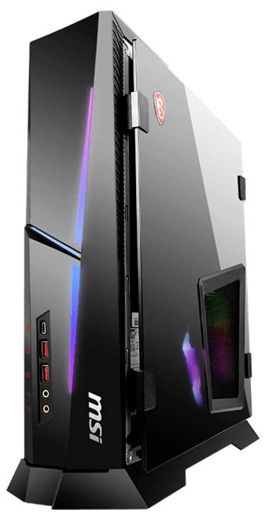 Elegantní černá herní sestava počítače MSI s barevným LED podsvícením, vybavená čelními USB porty a konektory pro sluchátka.