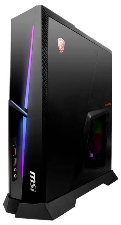Černý herní stolní počítač MSI s RGB podsvícením a čelními porty, na jehož horní straně je umístěno logo MSI.