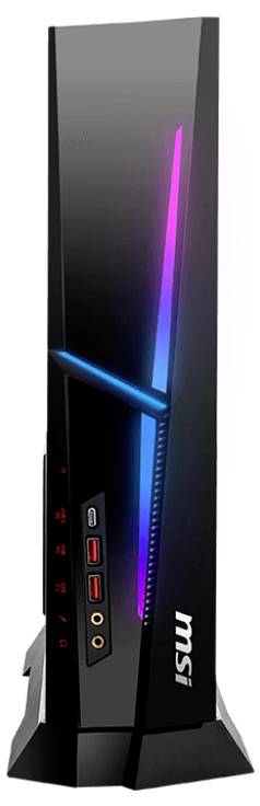 Elegantní, vertikální herní desktop MSI s RGB podsvícením a několika čelními porty, včetně USB a audiových konektorů.