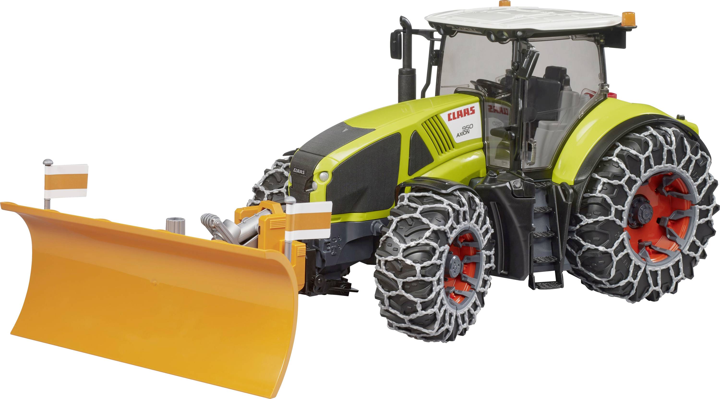 Hračkářský traktor s řetězy na kolech je vybaven velkou oranžovou sněhovou radlicí vpředu, která je určena k odklízení sněhu.