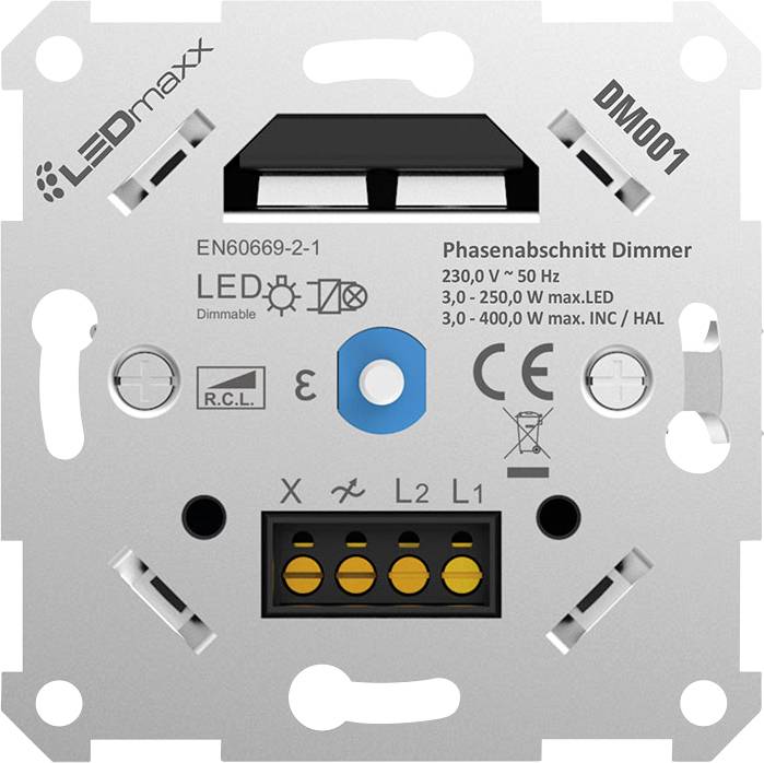 LEDmaxx DM001 stmívač s čelním pohledem na připojovací svorky a německými technickými specifikacemi pro kompatibilitu LED a zatížení