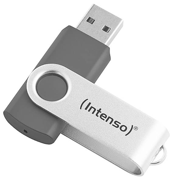 Stříbrný a černý USB flash disk s logem 'Intenso', zobrazený ve výklopné poloze. Ilustruje možnosti digitálního ukládání dat.