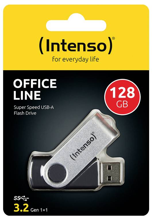 Intenso 128GB USB-A flash disk balení; označeno jako 'Office Line', 'Super Speed', '3.2 Gen 1x1'. Flash disk zobrazen v stříbrném pouzdře.